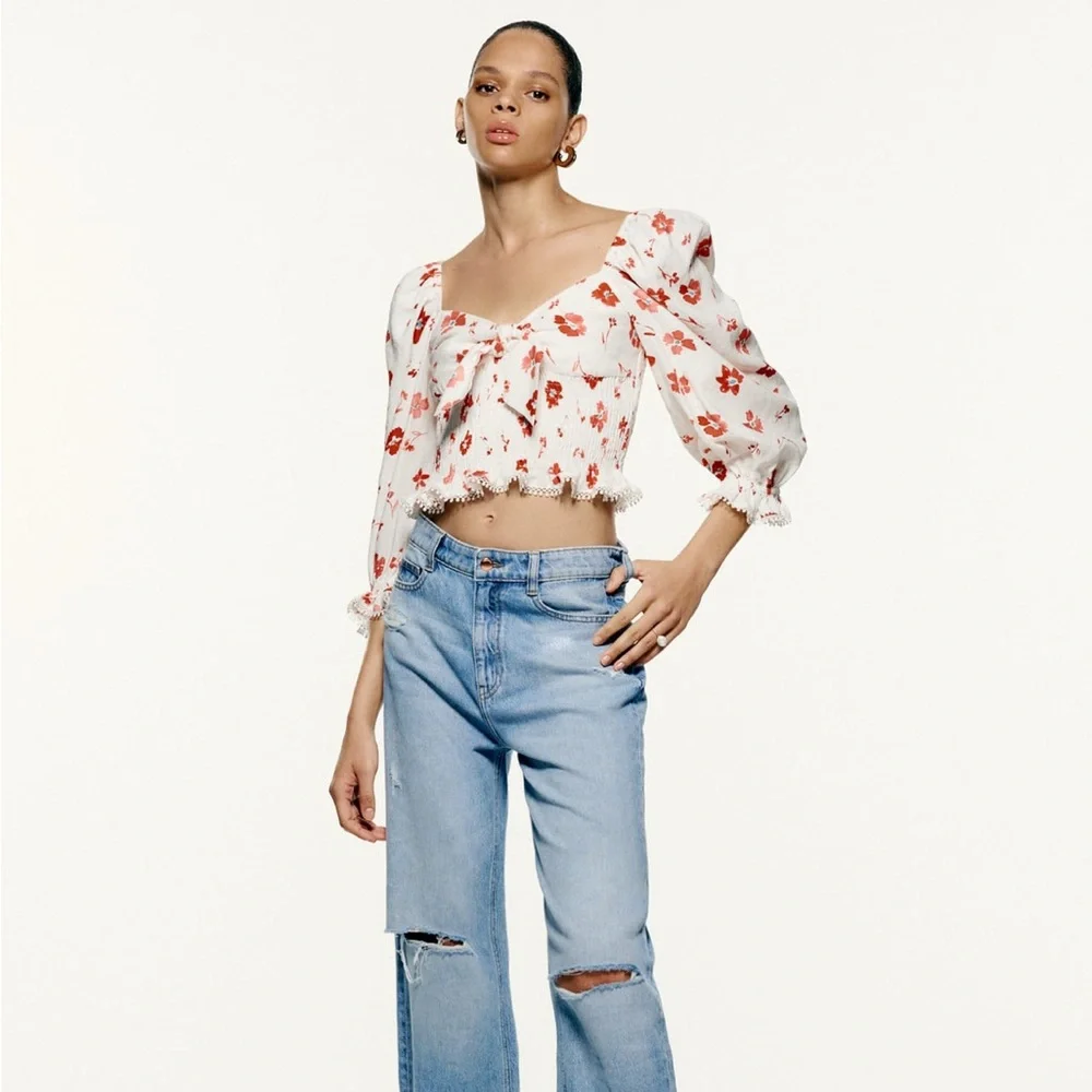 Zara Floral Blouse with Puff Sleeves Size Medium